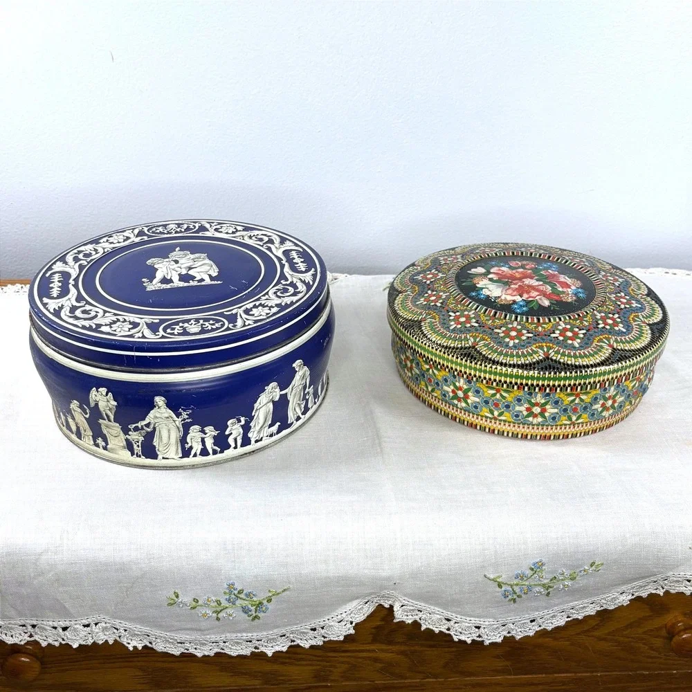 Vintage Huntley & Palmers Blue Jasperware Style & Holland Floral Tin Set of 2